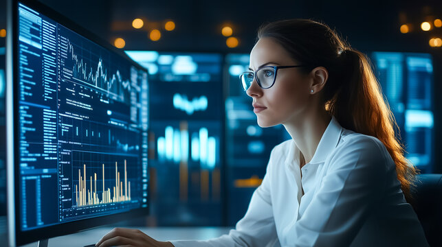 Professional Woman is Engaged in Analyzing Data on a Computer in a Modern, WellEquipped Office Environment, Showcasing Expertise