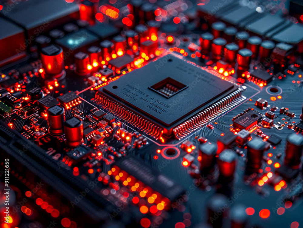 Poster intricate details of a red illuminated circuit board in a high-tech environment at night