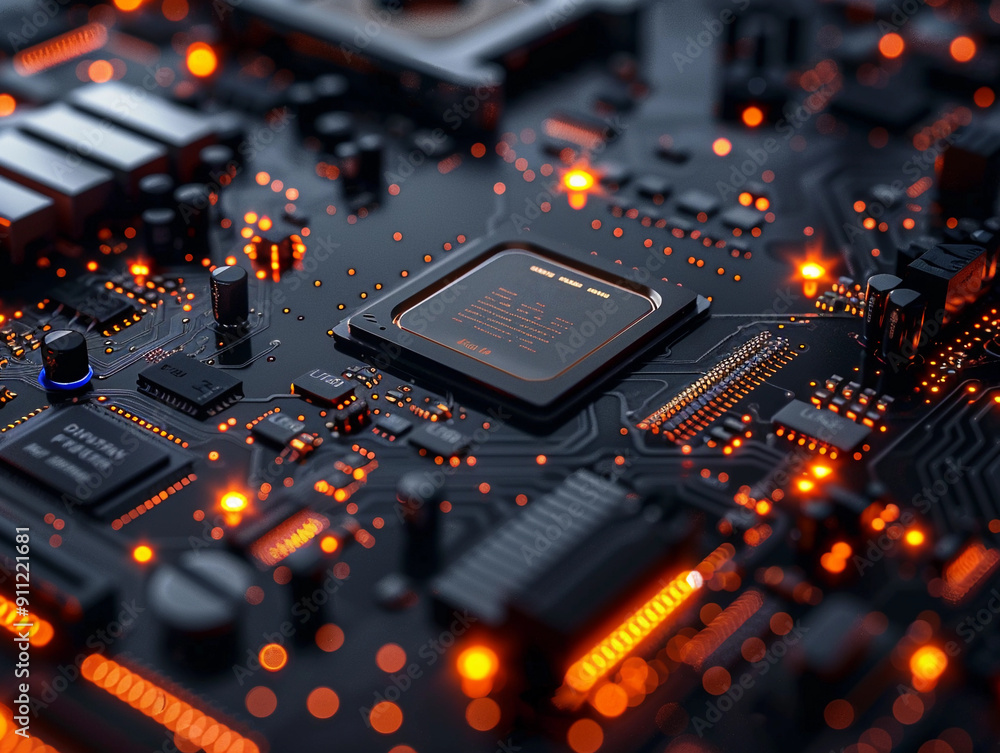 Aufkleber close-up view of a computer motherboard with illuminated components and circuits at night