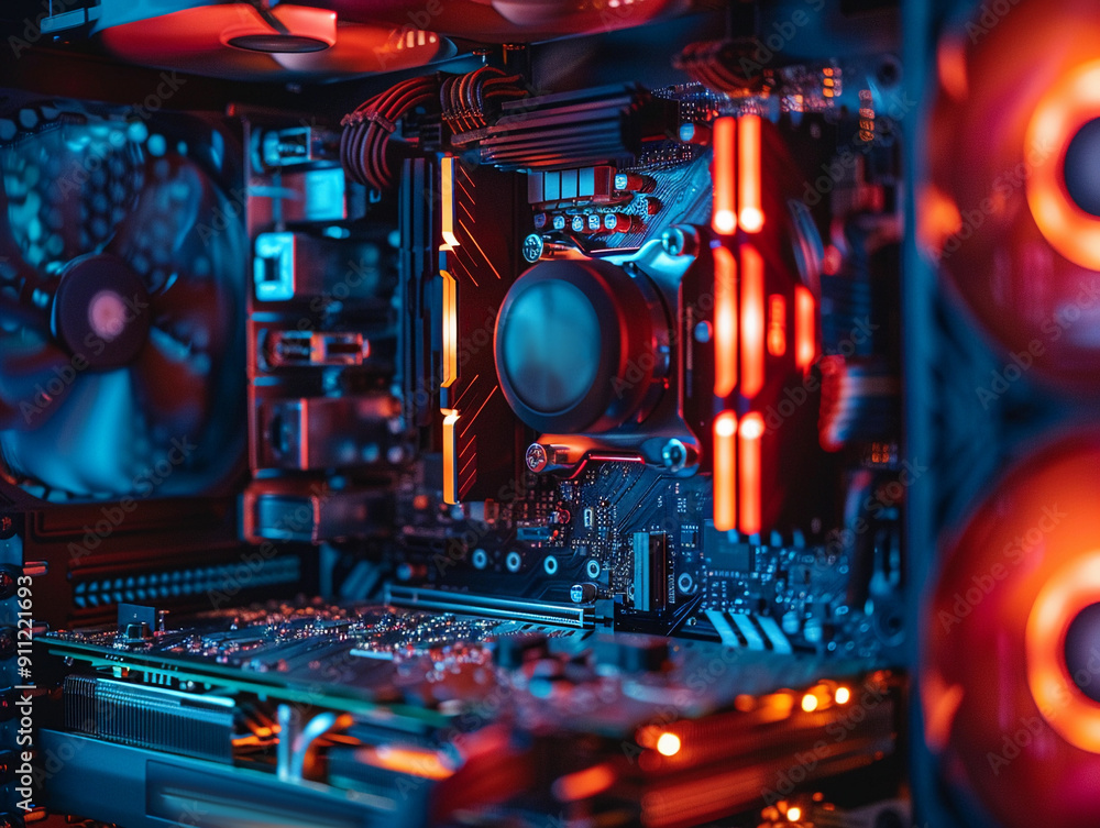 Poster close-up view of a custom computer build with rgb lighting in a dark room