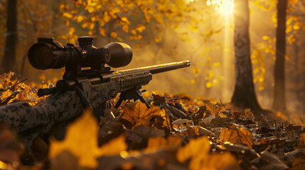 Sniper's Rifle Camouflaged Among Fallen Leaves in Autumn Forest with Golden Sunlight Filtering Through Trees