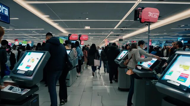 People use self-service kiosks in a modern supermarket.
Concept: automation in retail, self-service technologies,