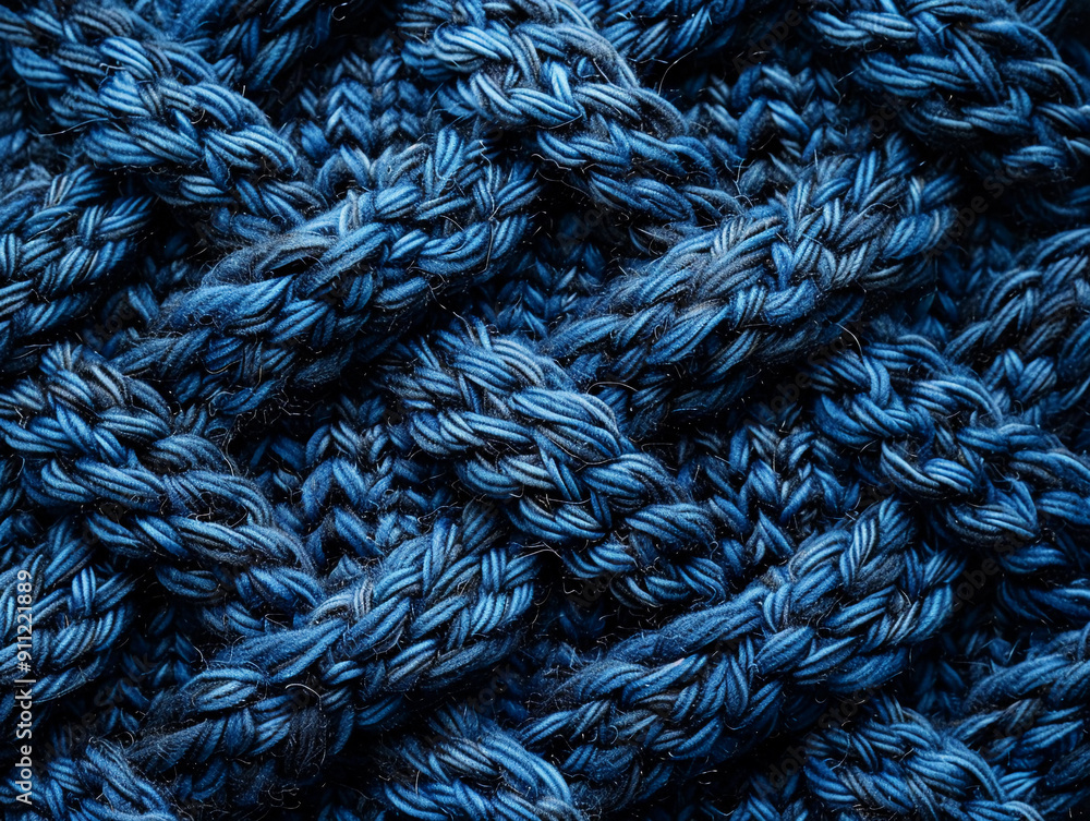 Poster close-up view of interwoven blue yarn textiles displaying intricate patterns in arts and crafts sett