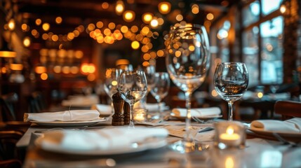 A restaurant background with a cozy, dimly lit interior, elegantly set tables with fine cutlery and wine glasses, and a welcoming atmosphere that invites guests to enjoy a luxurious dining experience
