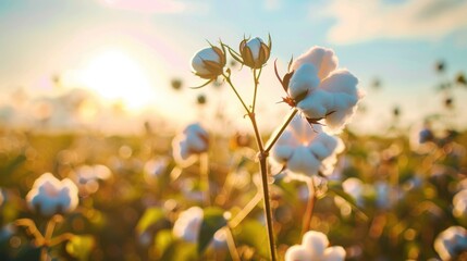 A cotton field background with endless rows of cotton plants under a bright blue sky, fluffy white bolls ready for harvest, and a peaceful, rural ambiance that captures the essence of agricultural