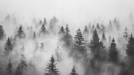 A monochrome background featuring a misty forest scene in black and white, with tall trees shrouded in fog creating a mysterious and atmospheric visual effect