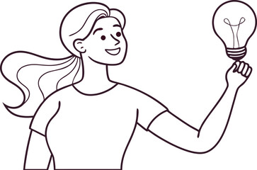 A woman is holding a light bulb in her hand. Concept of creativity and innovation