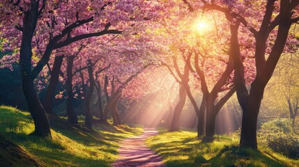 Fototapeta premium Idyllic Japanese Sakura tree forest with vibrant blossoms and sunlight
