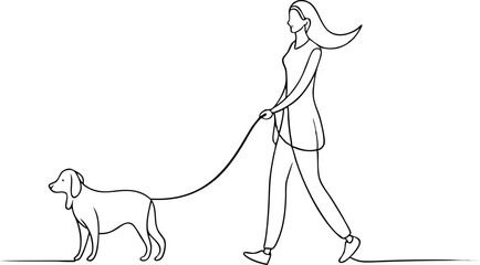 A woman is walking her dog on a leash. The dog is a small breed and he is well-behaved