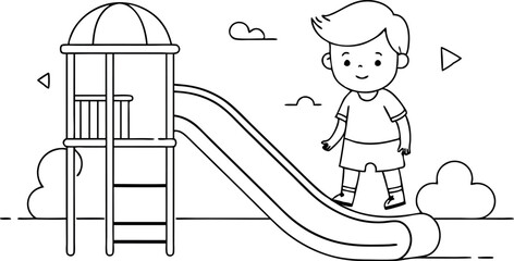 A boy is walking up a slide. The slide is blue and white