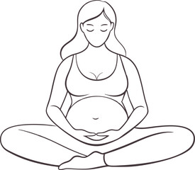 A woman is sitting cross legged with her hands on her stomach. She is pregnant and she is in a relaxed state