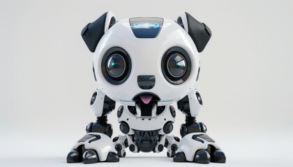 Cute White Robot Dog Sitting Playfully on a Light Background in a Modern Studio Setting