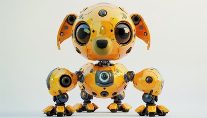 Cute Robotic Dog Standing on a White Surface With Playful Expression in Bright Yellow Color