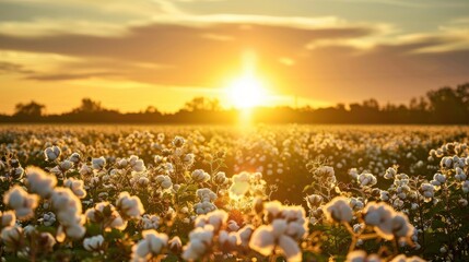 A cotton field background with endless rows of cotton plants in full bloom, fluffy white bolls ready for harvest, and a golden sunset casting a warm glow over the rural landscape
