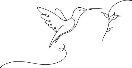 Fototapeta premium A bird is flying in the air with its beak open. The bird is surrounded by a leafy green background