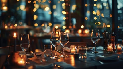 Obraz premium A restaurant background with a cozy, dimly lit interior, elegantly set tables with fine cutlery and wine glasses, and a welcoming atmosphere that invites guests to enjoy a luxurious dining experience