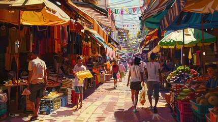 An urban background capturing the essence of a busy street market with colorful stalls, bustling crowds, and a lively, vibrant atmosphere that reflects the energy of city life