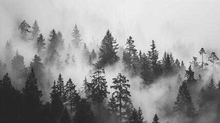 A monochrome background featuring a misty forest scene in black and white, with tall trees shrouded in fog creating a mysterious and atmospheric visual effect