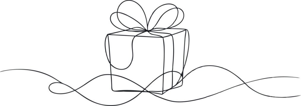 A gift box is shown in a line drawing, with a bow tied around it. Concept of excitement and anticipation, as the gift box is likely to contain something special or meaningful