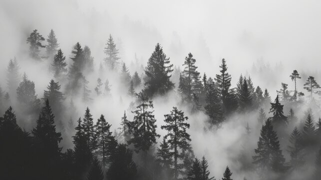 Fototapeta A monochrome background featuring a misty forest scene in black and white, with tall trees shrouded in fog creating a mysterious and atmospheric visual effect