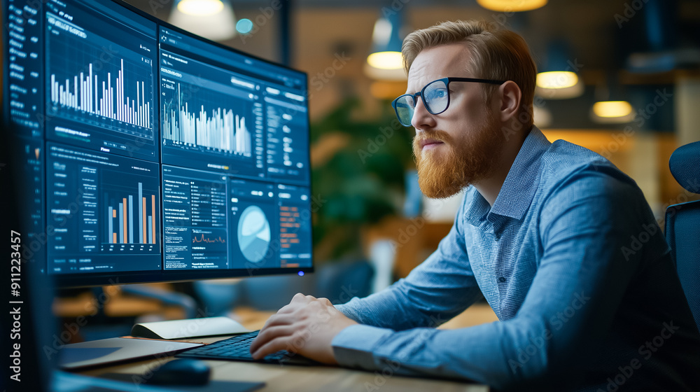 Poster focused data analyst is actively reviewing detailed interactive dashboards within a dynamic and mode
