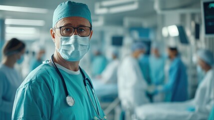 Portrait mature doctor man in protective mask and medicine suit with stethoscope standing in hospital room and looking at camera. Male medical expert of urology, physician service. Healthcare concept