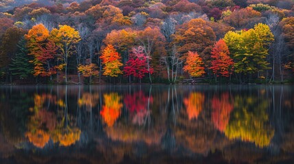 Obraz premium Tranquil Lake Surrounded by Vibrant Autumn Foliage with Reflections of Colorful Trees in Still Water