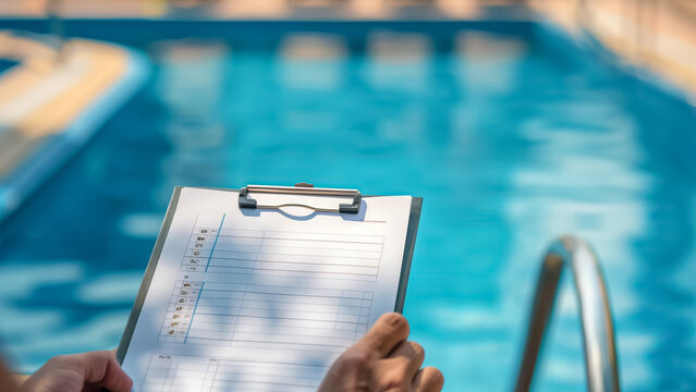 A pool service professional reviews a checklist by the poolside to ensure proper maintenance and safety checks for optimal care and user safety