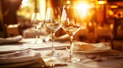 A restaurant background with a cozy, dimly lit interior, elegantly set tables with fine cutlery and wine glasses, and a welcoming atmosphere that invites guests to enjoy a luxurious dining experience