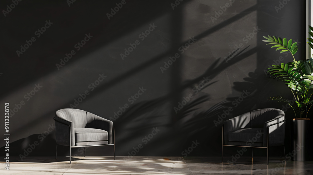 Poster interior design concept with two empty black armchairs casting shadows on a concrete floor in a dark
