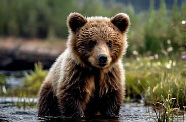 Obraz premium View of a cute little brown bear cub in a watering hole