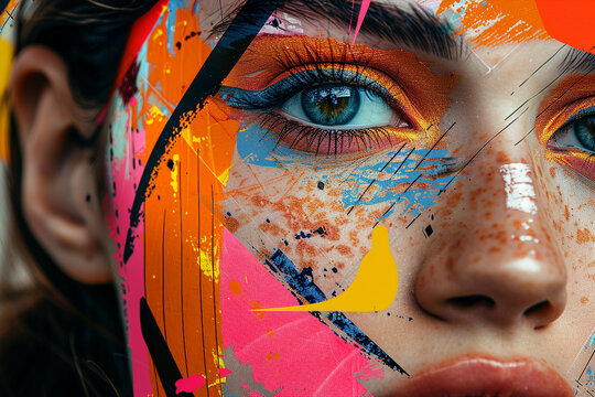 Collage portrait painting facial closeup eye contact print design art poster Generative AI technology - Powered by Adobe