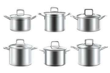set of stainless pots  isolated transparent background