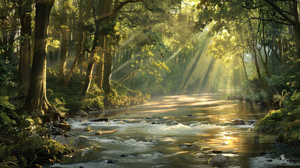 Obraz premium Tranquil River Flowing Through Dense Forest with Sunlight Streaming and Reflecting on Water