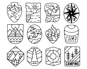 Camping silhouette badges set design. Adventure logo graphics. Outdoor nature label monochrome collection. Stock vector hiking artwork.