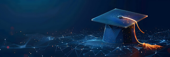 Glowing graduation cap polygonal low poly illustration on dark background. 