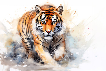 Obraz premium Watercolor painting of tiger on a clean background. Wildlife Animals. Illustration, Generative AI.