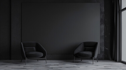 Modern interior design living room with two black armchairs and an empty black wall, ideal for displaying artwork or a tv