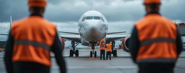Airport workers guiding an airplane to the gate, seamless operation of domestic flights