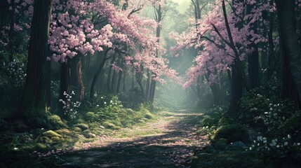 Obraz premium Tranquil Japanese forest with cherry blossoms and a serene atmosphere