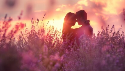 Romantic Couple Embracing Among Lavender Fields During Sunset in Summer