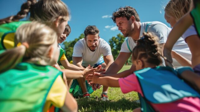 The coaches and children huddle
