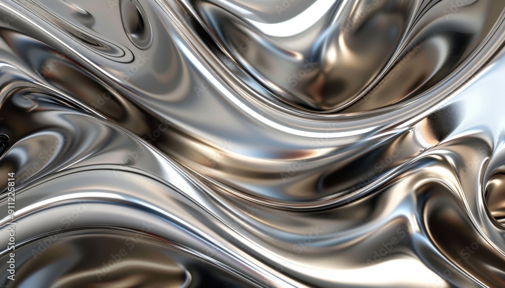 Poster gleaming metallic waves flowing gracefully under soft lighting in a modern artistic setting