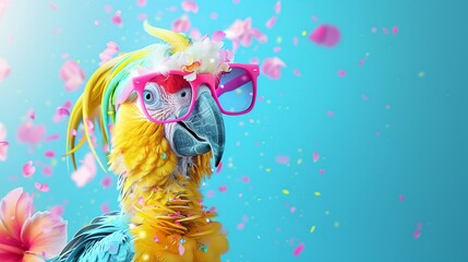Party Parrot: A colorful macaw with sunglasses and confetti, radiating carefree joy and summer vibes. A whimsical photo perfect for playful brands and social media.  