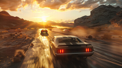Muscle Cars Roaring Down Open Highway at Sunset with Desert and Mountain
