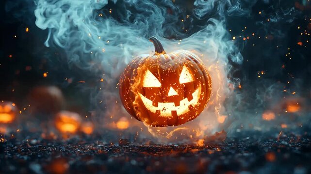 Spooky halloween pumpkin carving with glowing faces in a dark forest setting