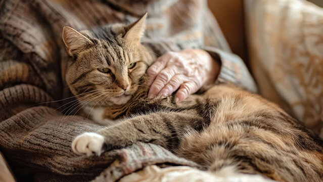 An elderly individual finds joy in rehabilitation through pet therapy, seeking comfort and emotional healing by cuddling a cat for companionship and affection
