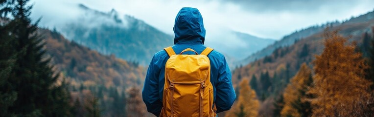 Man Hiking in Rainy Mountains with Backpack, Misty Forest
