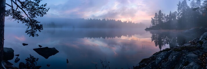 A misty morning in a foggy forest with a serene lake and tall trees