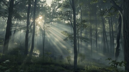 Obraz premium Sun's Embrace: Golden rays pierce through a misty morning forest, illuminating the tranquil wilderness in a captivating display of nature's beauty. 